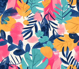 Vibrant Abstract Botanical Art with Tropical Foliage, seamless pattern