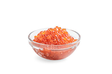 Side view of heap of red salted salmon fish caviar served in glass transparent bowl isolated on white background full of protein, omega 3 and vitamins used as ingredient of healthy sandwich or toast