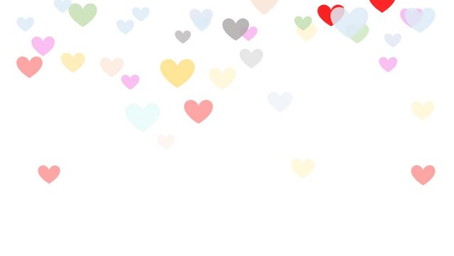 Falling colorful hearts shape on a white background. Motion graphic video animation. Valentines day.