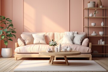 Pastel pink sofa with cushions.Wooden table and flower pods. Empty poster in frame with copy space on pink wall