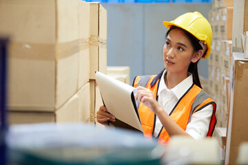 female factory worker finding and looking cardboard in the warehouse storage