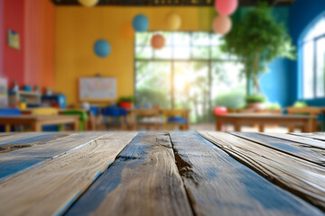 Foreground Wooden Table, Blurred Daycare Room background, Kids Learning Oasis