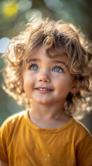 Curious Child with Curly Hair and Sparkling Blue Eyes