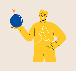 Man holding bomb in hands.  Danger and explosive. Colorful vector illustration