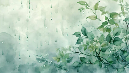 Watercolor background with green leaves and raindrops. Spring watercolor illustration wallpaper.