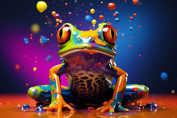 Ein bunter Frosch der in bunter Farbe sitzt, um ihn herum spritzt bunte Farbe  - obrazy, fototapety, plakaty