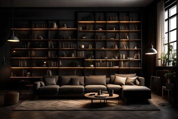 room with books and sofa