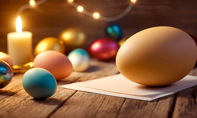 Easter. Eggs. Garland. There are eggs on the table and a candle. Abstract background. Easter decoration. Holiday, symbol, identity.