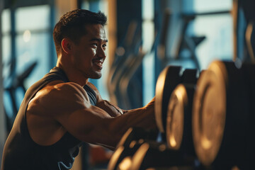 fitness man lifting dumbbells in the gym bokeh style background - obrazy, fototapety, plakaty