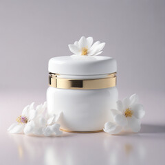 Fototapeta na wymiar White, blank unbranded cosmetic cream jar with golden cap and white petals around. Luxury cosmetic package mockup. 