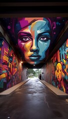 An underpass transformed into an urban canvas with a cool graffiti display, featuring a variety of styles that reflect the diverse street art culture.