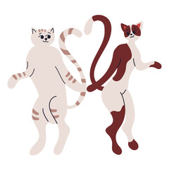 Two cats holding hand, heart-shaped tails. Colored flat vector illustration isolated on transparent backgroun