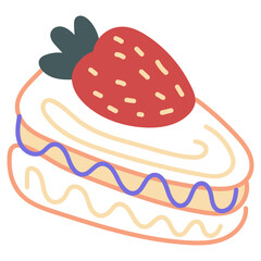 Hand drawn a piece of cake with a strawberry on top. Colored flat vector illustration isolated on transparent background