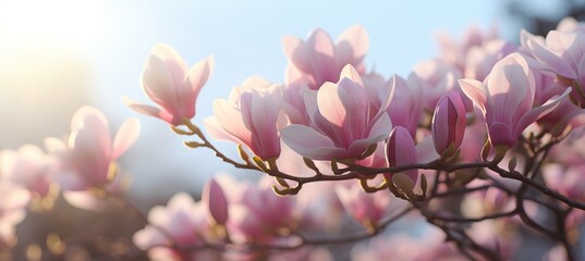 Stunning magnolia blossoms on a sunny spring day, awakening natures captivating beauty
