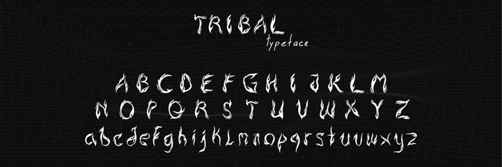 Tribal typeface in trendy y2k style. Hand drawn fire flame alphabet font. Vector grunge scrawl illustration. - obrazy, fototapety, plakaty