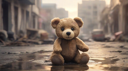 Sad abandoned little teddy bear sitting on the ground in the destroyed street after war or earthquake. Human suffering and concept of destroying childhood by war. - obrazy, fototapety, plakaty