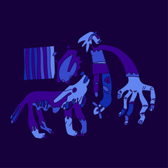 Creative illustration of human and dog friendships.
Linear style with flat fills. Abstract depiction of dog and character. Simplistic and modern design. Humanist idea with drawing of wolf and man.