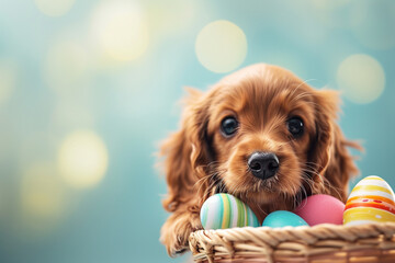 a cute puppy with colorful pastel easter eggs basket bokeh style background