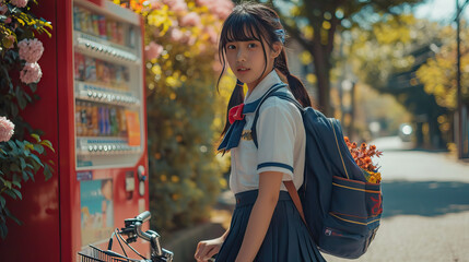 A Japanese schoolgirl in traditional uniform with her bicycle, casually posed in front of an iconic automatic vending machine, depicting everyday urban life in Japan