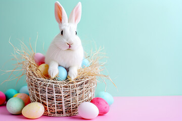 a cute bunny with colorful pastel easter eggs basket - obrazy, fototapety, plakaty