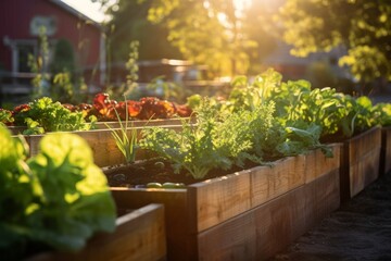 Fresh vegetables growing in a sunlit garden bed, depicting organic farming and sustainable agriculture.