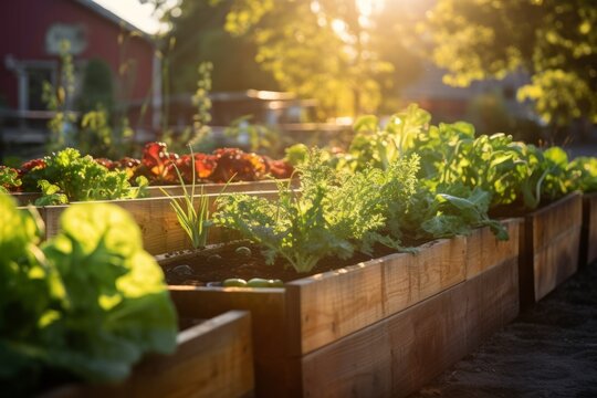Fresh vegetables growing in a sunlit garden bed, depicting organic farming and sustainable agriculture.