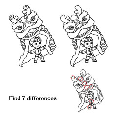 Chinese boy dances with a dragon. Find 7 differences. Tasks for children. vector illustration