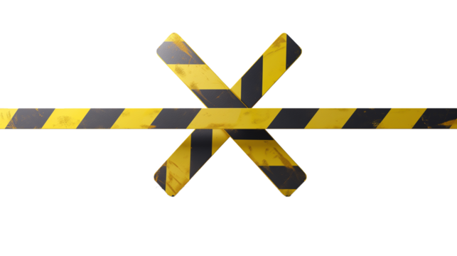 X shape barricade with straight tape isolated on white transparent background, Police investigation scene zone