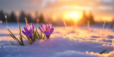Sunrise in spring sun rays shining on crocuses in snow. Photorealism spring landscape.