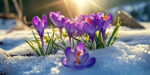 Early spring crocuses in snow, sun rays shining on them. Photorealism spring landscape.