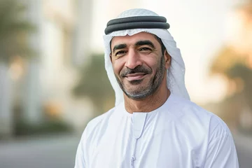 Gordijnen handsome arabian muslim man wearing white kandura bokeh style background © toonsteb