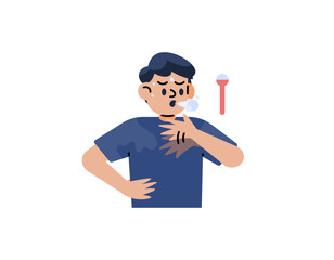 Illustration of a man who feels sultry. The facial expression of an overheated person. clothes get wet from sweating. High temperature causes the body sweating. flat illustration design. graphic 