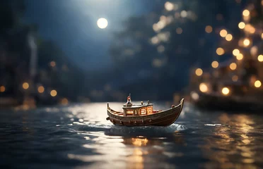 Deurstickers Against the scenic river backdrop, a miniature boat peacefully floats with a mesmerizing bokeh effect creating a dreamy atmosphere. © Holly