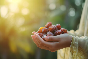 woman hand holding date palm fruit bokeh style background