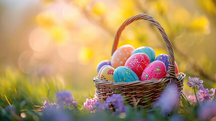Colorful Easter eggs in a pastel basket on a bokeh background of spring flowers under sunlight