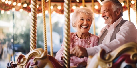 Beautiful happy retired elderly couple rides carousel