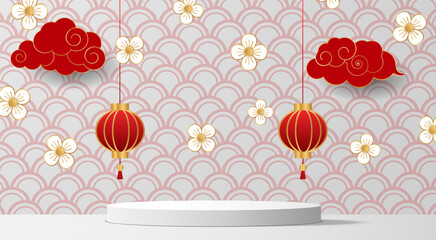 white podium and chinese festival background in the white room