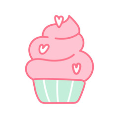 Cute pink Cupcake with hearts. Sweet pastries decorated with hearts. Sweet food. Valentines day decorations. Vector illustration flat style