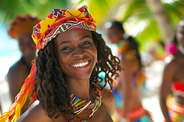 african woman in the traditional dress dancing on the beach bokeh style background