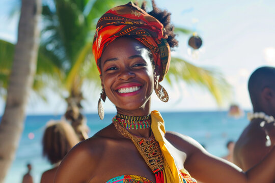 african woman in the traditional dress dancing on the beach bokeh style background