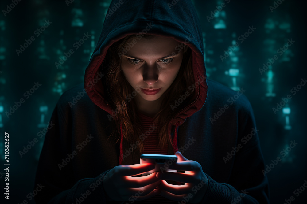 Poster female hacker hacking from phone