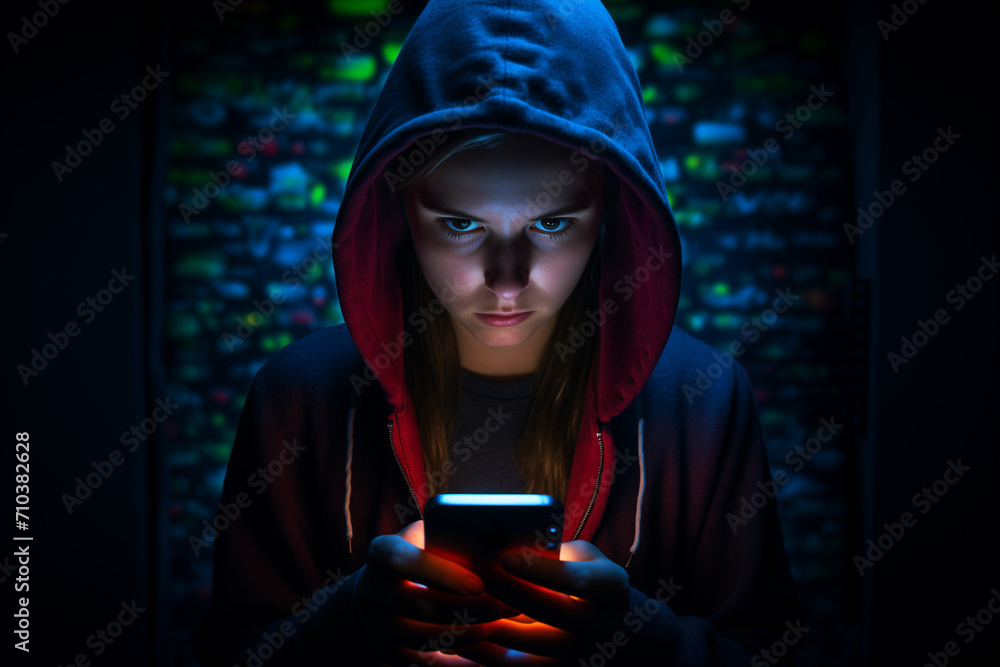 Poster female hacker hacking from phone