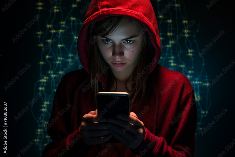 Poster female hacker hacking from phone