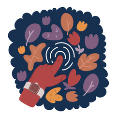 Cartoon vector illustration of hand touching screen