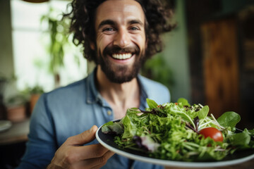 Excited hipster man carrying a plate of laughing, fresh vegetarian salad in a rustic kitchen.