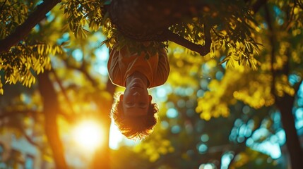 Upside-Down Portrait of a Person Hanging from a Tree Branch, giving a playful, topsy-turvy perspective in a sunlit park