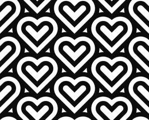 Heart seamless geometric pattern, endless texture. Monochromes striped hearts on white background. Vector illustration for Valentine's Day,wedding,holiday,love.