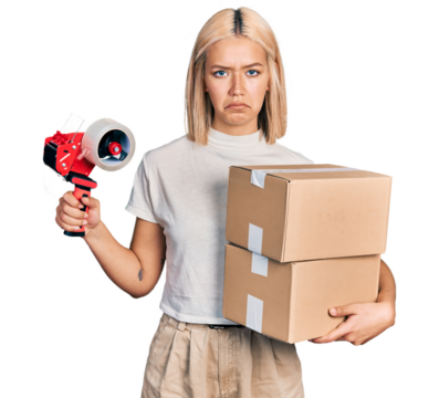 Beautiful young blonde woman holding packing tape and cardboard boxes depressed and worry for distress, crying angry and afraid. sad expression.