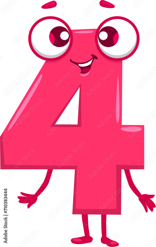 Poster cartoon funny math number four character. school math adorable numeric symbol or mascot, arithmetic 