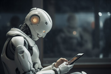 Fototapeta premium robot using phone with laptop bokeh style background